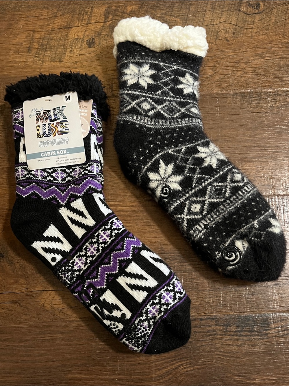 2 NWT Muk Luks Black, White & Purple Cabin Socks with Sherpa Cuff